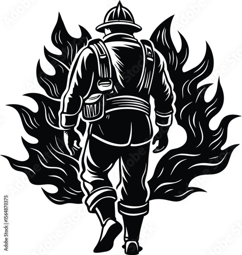 Brave Firefighter Walking into Flames Back View Illustration