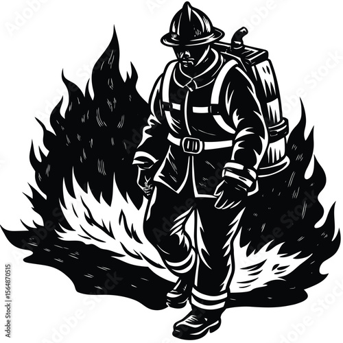 Brave Firefighter Facing Infernal Flames Vintage Illustration