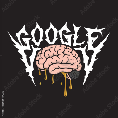 A melting brain drips from distorted “Google” text, blending tech addiction and surrealism vector illustration.