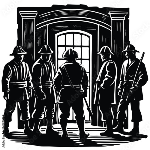 Five Colonial Soldiers Standing Before a Historic Building Entrance