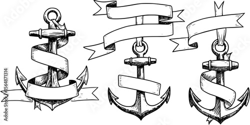 Vector hand drawn anchor sketch with blank ribbon
