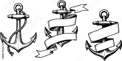 Vector hand drawn anchor sketch with blank ribbon
