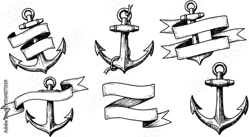 Vector hand drawn anchor sketch with blank ribbon
