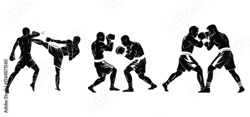 Boxing illustration vector set, fighting boxer silhouettes in dynamic poses, double boxing icon, EPS 10

