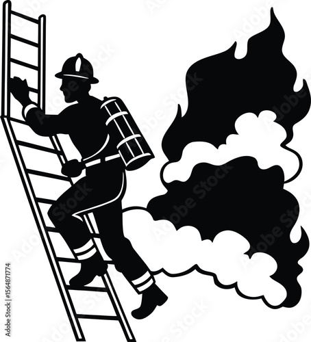 Brave Firefighter Climbing Ladder to Extinguish Fierce Blaze