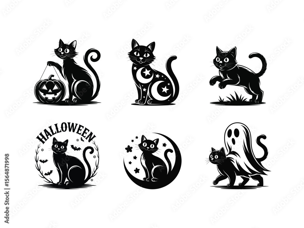 Fototapeta premium Black cats and Halloween motifs pumpkin ghost