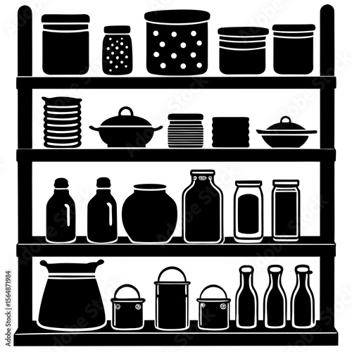 Shelves with organized jars, cans, baskets, and dry food containers. Neat kitchen storage concept