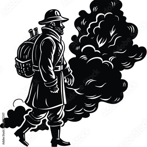 Vintage Illustration of a Man with a Backpack Walking Through Smoke