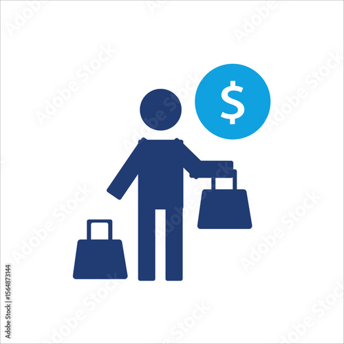 Business and commerce UI elements for web, app, banner, and print design. Blue financial and shopping icons with dollar signs, price tags, discounts, charts, invoices, and calculators.
