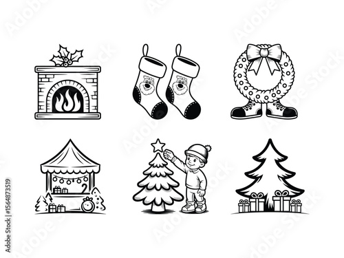 Christmas icons fireplace stockings wreath market stall child decorating tree gifts holiday winter