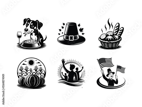 Dog with food and drink pilgrim hat basket of bread corn pumpkins people waving american flags glass