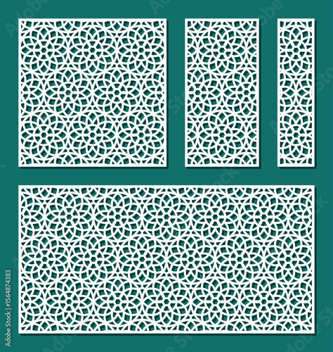 Set of carved panels. Square, rectangular grilles, screens, dividers, screens with linear circular ornament. Vector template for plotter laser cutting of paper, wood carving, metal engraving, cnc.