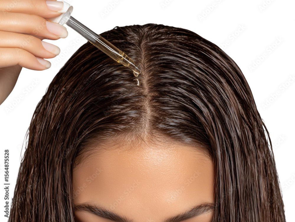 Obraz premium A woman applies hair serum to promote wellness. Nourishing serum provides a silky hair and overall wellness. isolated on a white background