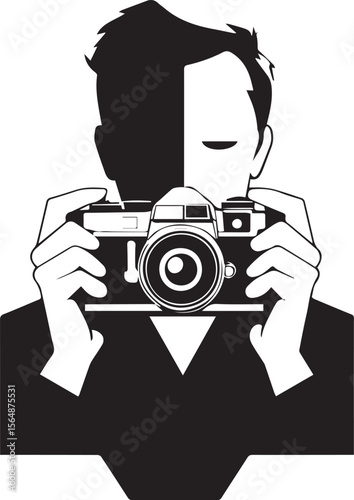 Captured Perspective: A striking monochrome illustration of a person's silhouette, holding a classic camera in front of his face, embodying the photographer's vision and artistic eye.