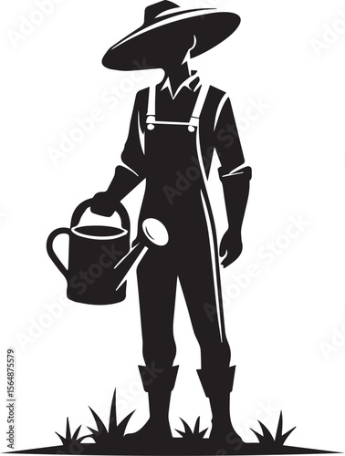 The Gardener Silhouette: A minimalist silhouette of a farmer with watering can in his hand, evoking the essence of rural labor and the nurturing spirit of the earth.