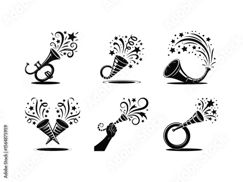 Festive horns with exploding stars and confetti trumpet party blower