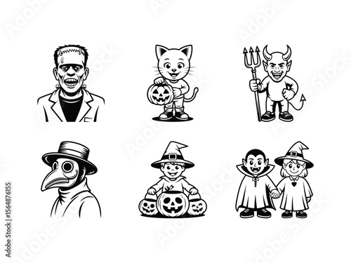 Frankenstein cat devil plague doctor vampire witches holding pumpkins halloween