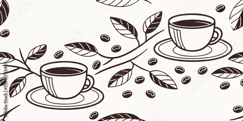 Seamless horizontal vector pattern border with cups and coffee leaves  