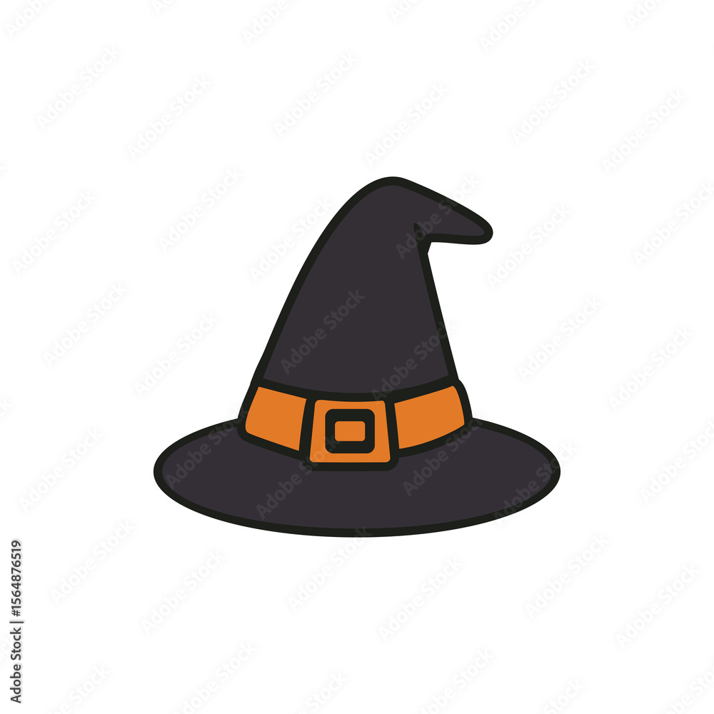 Fototapeta premium Cartoon witch hat Halloween icon in flat style, great for magical design, spooky costume illustrations, party invitation, sticker, and fantasy vector graphics