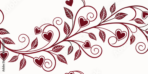 Seamless vector pattern border with classic heart silhouettes on elegant branch with leaves  