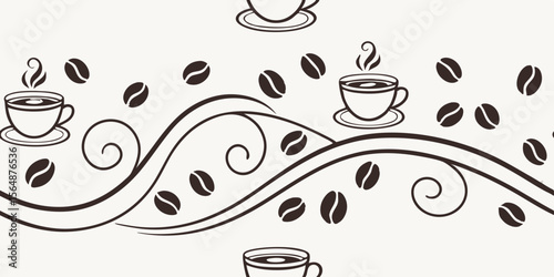 Horizontal seamless vector pattern border with coffee cups and beans  