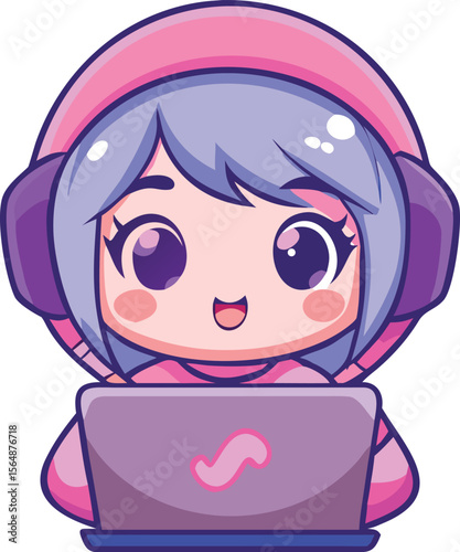 Cute gamer girl cartoon mascot with headphones and laptop. Kawaii anime character vector illustration for streaming or esports logo.
