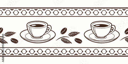 Vintage coffee horizontal seamless vector pattern border featuring cups and coffee beans  