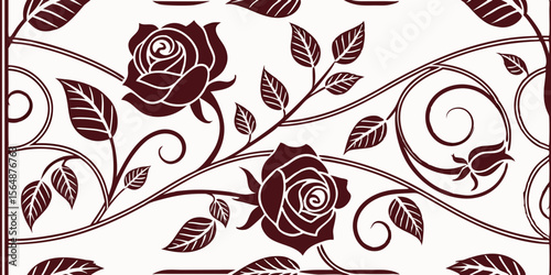 Vintage horizontal seamless vector pattern border
with red roses and leaves