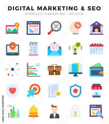 Set of simple Flat DIGITAL MARKETING & SEO Icons. Flat art icons pack. Vector illustration.