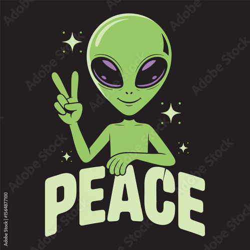 A friendly green alien flashes a peace sign with bold “PEACE” text, fun extraterrestrial theme vector illustration.