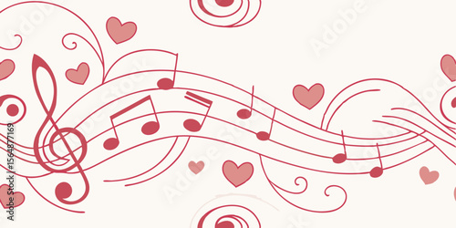 Horizontal seamless vector pattern border with music notes and hearts  
