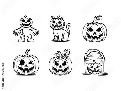 Halloween pumpkins and cat characters jack o lantern spooky