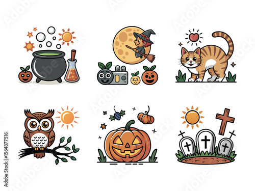 Halloween themed illustrations featuring a cauldron a witch on a broomstick a cat an owl a pumpkin and gravestones