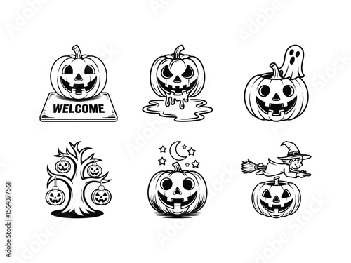 Halloween pumpkins with ghost moon stars witch on broom and welcome sign jack o lantern