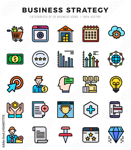 Business Strategy Lineal Color icons collection. 25 icon set in a Lineal Color design.