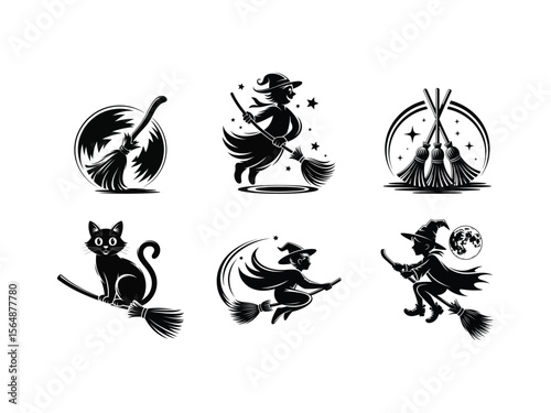 Halloween witches and black cat silhouettes flying on brooms vector