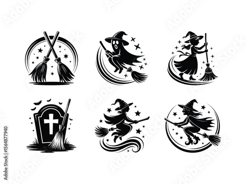 Halloween witches flying on brooms and tombstone vector