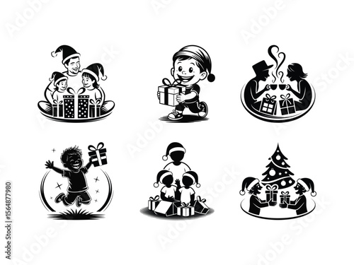 Happy family enjoying christmas gifts and hot drinks holiday children