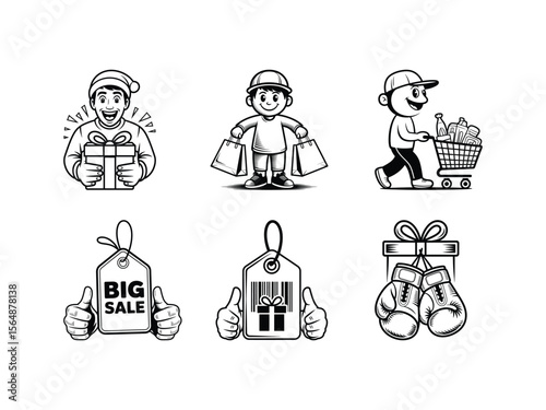 Happy man holding gift boy with shopping bags person with shopping cart sale tag with thumbs up gift tag with barcode boxing gloves