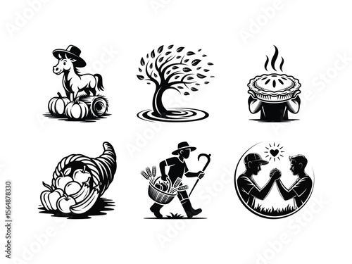 Horse pumpkins tree pie cornucopia farmer friends cowboy hat hay bale