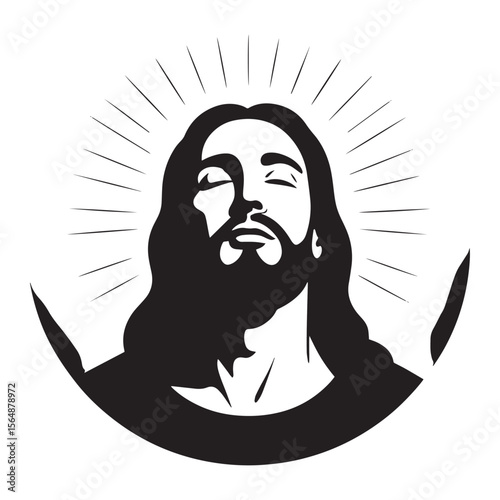 A dramatic black-and-white Jesus portrait gazing upward in a modern spiritual style vector illustration.
