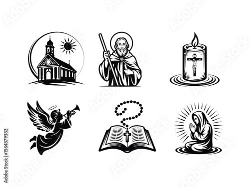 Religious symbols including church angel candle rosary and praying figure saint staff