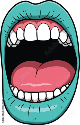 Wide Open Mouth with Bright Teal Lips and White Teeth - Expressive Cartoon Illustration for Speaking, Singing, Shouting, and Communication Concepts.