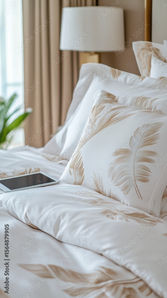 Obraz premium Cozy bedroom setup with decorative pillows and soft bedding 