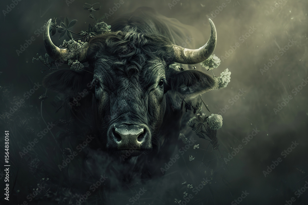 Naklejka premium Concept of Taurus zodiac sign symbol, abstract vivid composition consists of fictional unreal fantastic vision on background