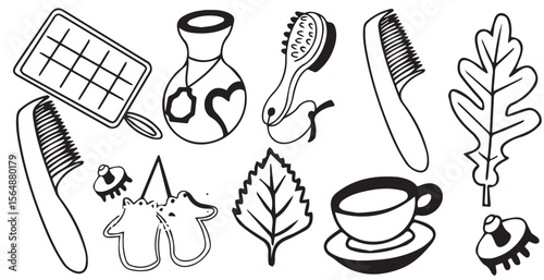 Doodle of Sauna Essentials, Black and White Vector Illustration 