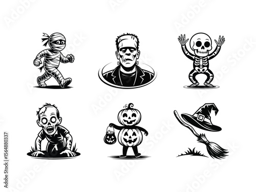 Spooky Halloween characters mummy Frankenstein skeleton zombie pumpkin witch vector
