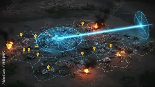 A futuristic battle map displaying a city under attack with explosions and a targeting beam