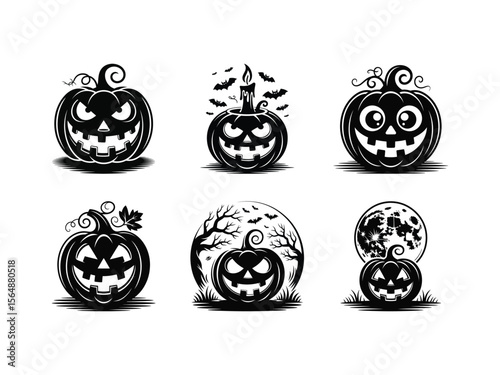 Spooky Halloween pumpkins with bats and moon jack o lantern scary