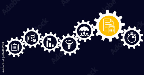 ERP vector illustration. Concept with icons related to enterprise resource planning software, system or interface; company or organization resources management & corporate information or strategy.
